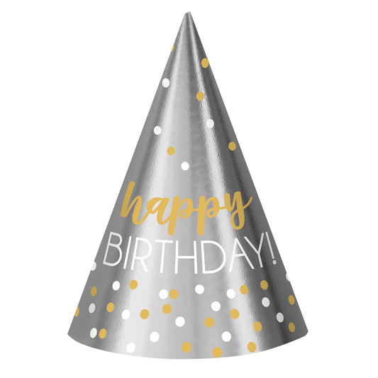 Birthday Accessories Silver & Gold Printed Cone Hats 12Pcs