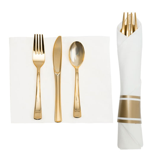 PRE-ROLLED NAPKIN AND PLASTIC CUTLERY 10SETS - GOLD