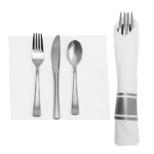 PRE-ROLLED NAPKIN AND PLASTIC CUTLERY 10SETS - SILVER